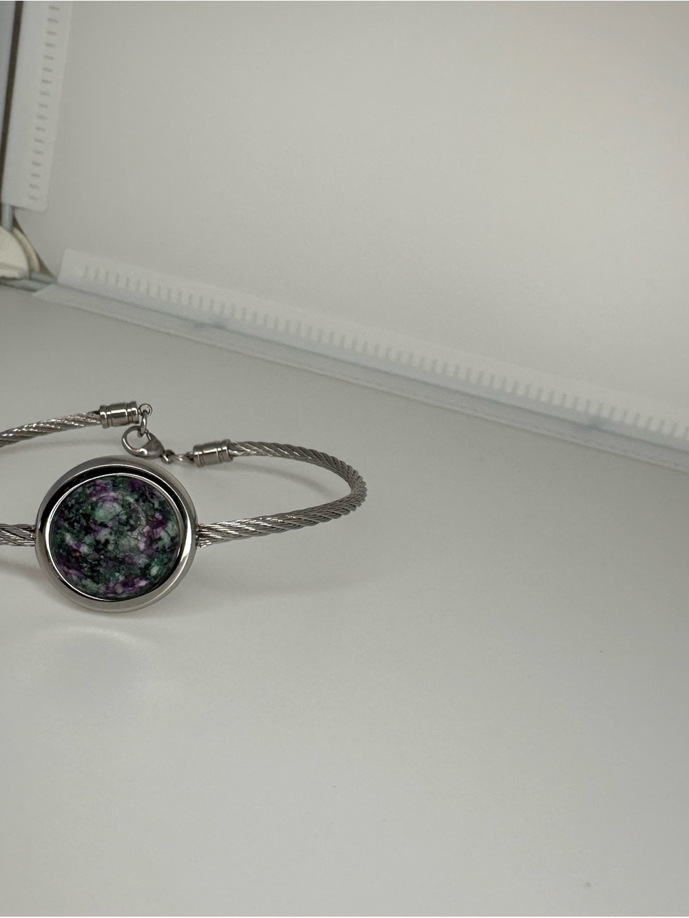 Silver-Tone Cable Bracelet with Purple and Green Mosaic Stone